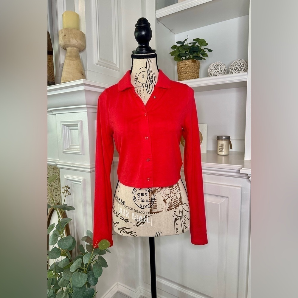 LA Hearts by PacSun Collared Snap Button Long-Sleeved Crop Top in Red Size M